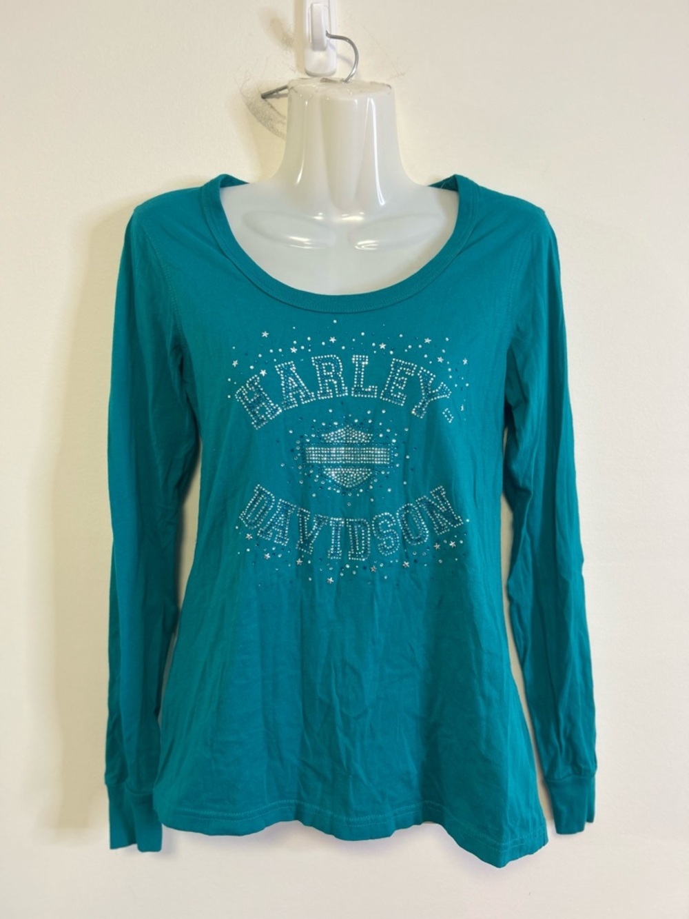 Y2K Harley Davidson Blue Fitted Embellished Rhinestone Long  Sleeve Tee